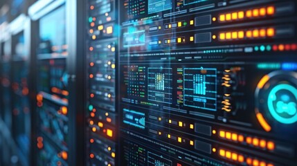 Obraz premium Close-up view of a high-tech server room showcasing illuminated data panels and circuitry