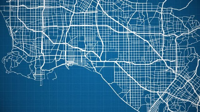 Ink reveal animation of Los Angeles city, California, United States, grid map. Aerial top view. Blueprint style. White lines with blue background. 4K Seamless loop.