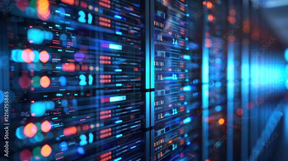 Poster futuristic data center showcasing vibrant server racks with illuminated components and cables