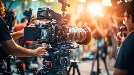 A man is filming a scene with a camera