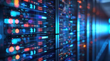 Futuristic data center showcasing vibrant server racks with illuminated components and cables