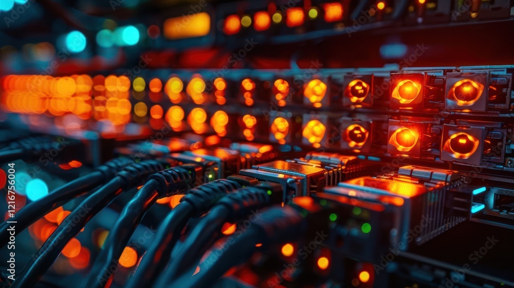 Poster close-up of illuminated server racks with glowing lights and tangled cables in a data center