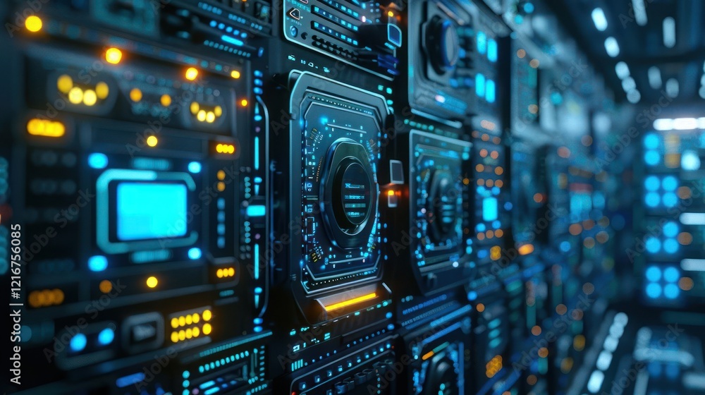 Poster close-up view of a futuristic server room with illuminated control panels and technology