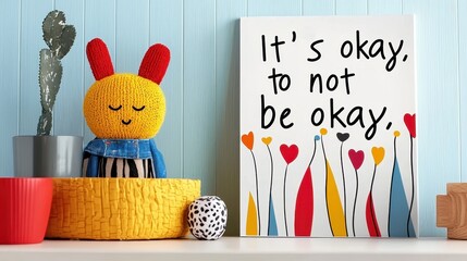 A cozy, colorful display featuring a motivational quote, a cheerful stuffed toy, and decorative items, emphasizing self-acceptance and emotional well-being.