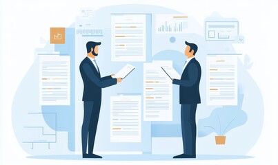 Fototapeta premium Document data system Report HR technology Concept: Businessman Manager checking white documents reports papers of files icon in modern office, Generative AI