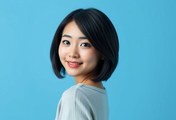 Portrait of an Asian woman on a blue background