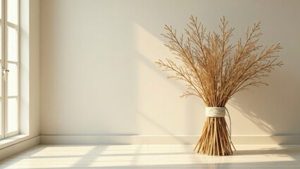Sunlight illuminates a bundle of dried twigs tied with twine, resting on a light wood floor against a neutral wall in a minimalist interior setting