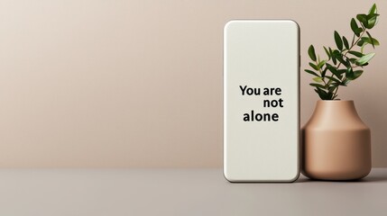 A minimalistic phone with the message "You are not alone" next to a potted plant on a neutral surface, conveying support and connection.