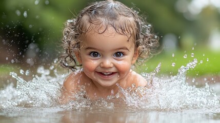 Obraz premium Happy toddler girl playing in a puddle, splashing water, smiling.