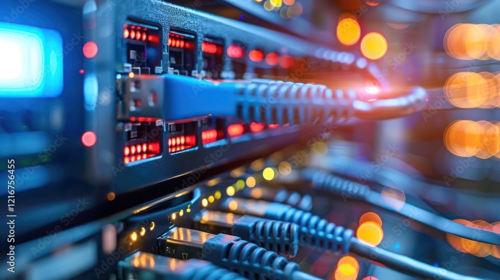 Aufkleber close-up of network cables connected to a server with glowing lights in a data center