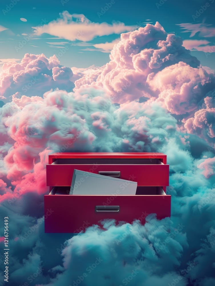 Poster a red drawer is floating in the sky with clouds. the drawer is filled with papers and a book. the sc