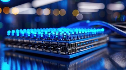 Close-up of a modern server with illuminated blue lights in a high-tech data center environment