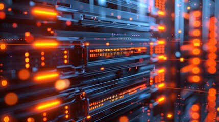 Abstract view of illuminated server racks showcasing data flow and technology in a digital environment