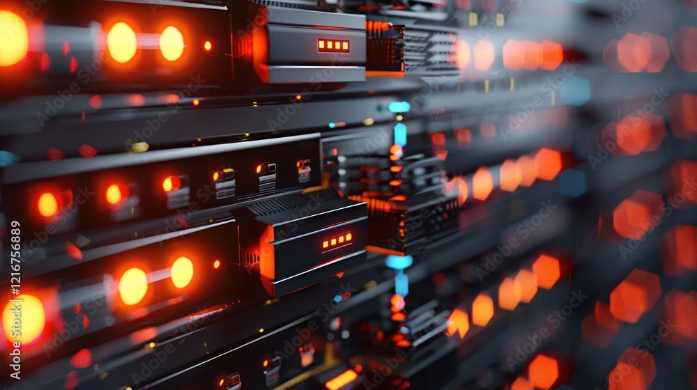 Poster close-up view of illuminated server racks in a data center with vibrant orange lights and technology