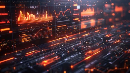 Obraz premium Futuristic data visualization interface with glowing graphs and analytics in a tech environment