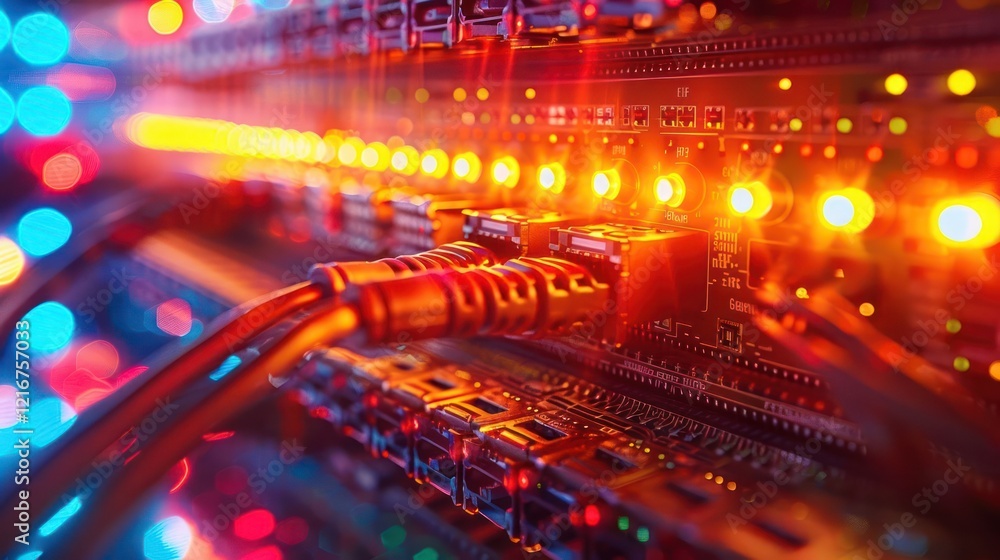 Poster close-up of vibrant led-lit server connections showcasing technology and data flow