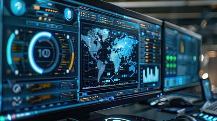 High-tech data analysis workstation displaying global maps and analytics in a modern office