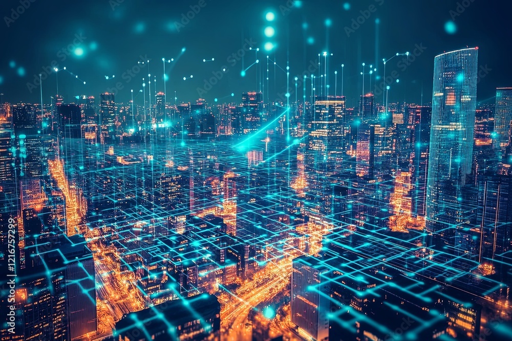 Poster city skyline illuminated at night with digital lines representing connected networks and data flows.