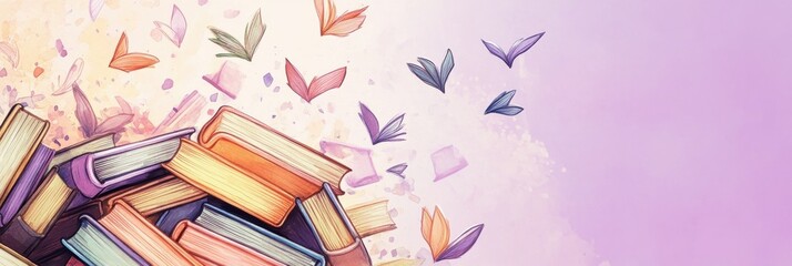 Colorful books with flying pages inspiring imagination and creativity in education