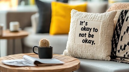 A cozy living space featuring a decorative pillow with a positive message, a coffee mug, a small plant, and a magazine on a wooden table.