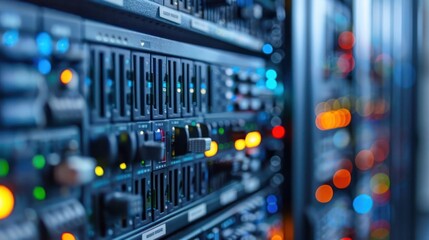 Close-up of server rack with illuminated controls and blurred background lights in data center