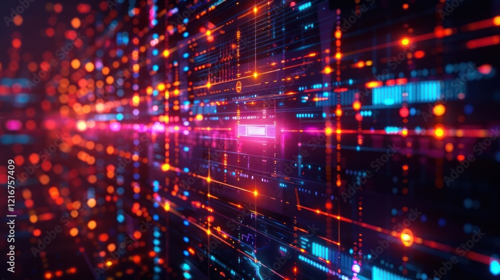 Poster abstract digital landscape with glowing lines and dots representing data flow in technology