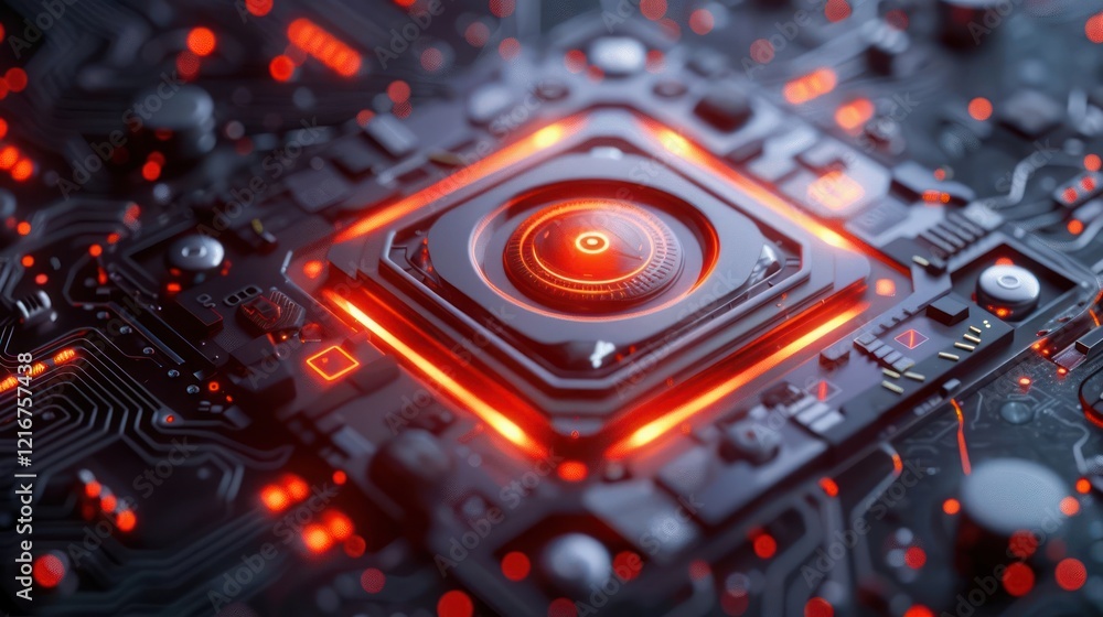 Aufkleber close-up of a futuristic microchip with glowing circuits and intricate details in a tech environment