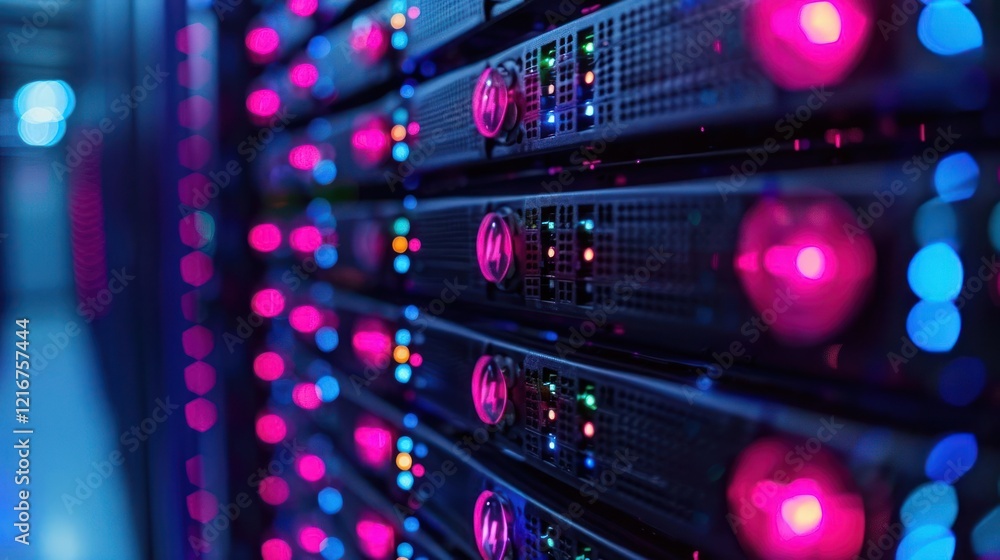 Poster close-up view of illuminated server racks in a data center showcasing vibrant led lights