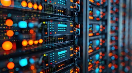 Close-up of illuminated server racks in a data center showcasing technology and connectivity (2)
