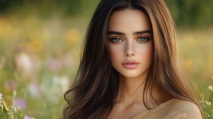 Obraz premium Elegant female model with long, voluminous hair in a transparent fabric wrap, standing in a field of flowers under natural light, dreamlike and enchanting atmosphere, 