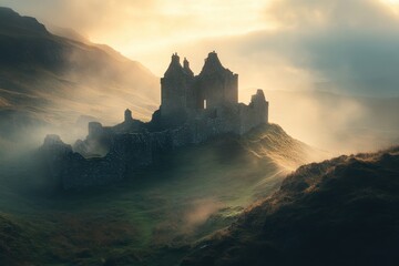 Obraz premium Mysterious ruins atop a misty hill at dawn in Scotland's enchanting landscape