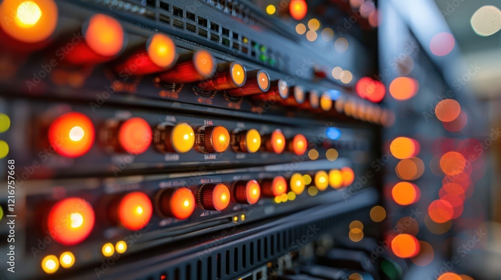 Aufkleber close-up view of illuminated server rack with vibrant lights in a modern data center