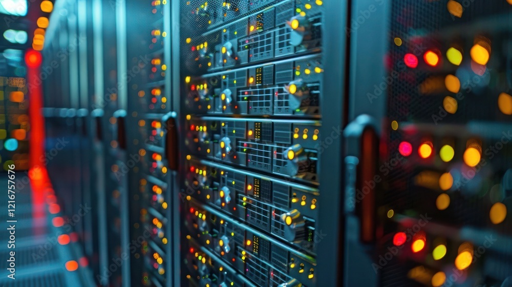 Poster close-up view of illuminated server racks in a data center with vibrant led indicators (1)