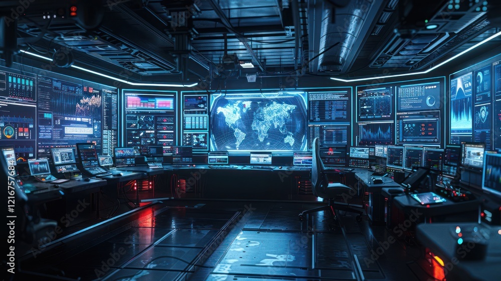 Poster high-tech control room with global maps, data displays, and monitoring equipment in action