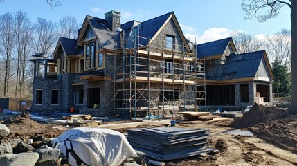 A new house in progress with scaffolding, exposed beams, and construction materials on-site