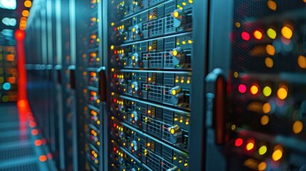 Close-up view of illuminated server racks in a data center with vibrant LED indicators (1)