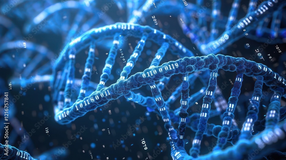 Poster close-up view of intricate dna strands illuminated by blue light, showcasing genetic data and molecu