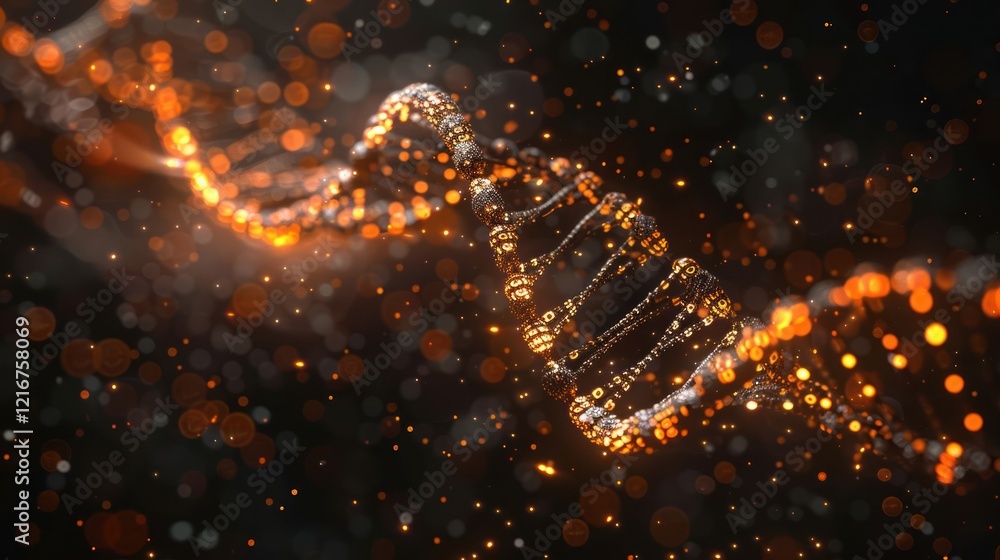 Poster abstract representation of a glowing dna helix with bokeh effects and dark background