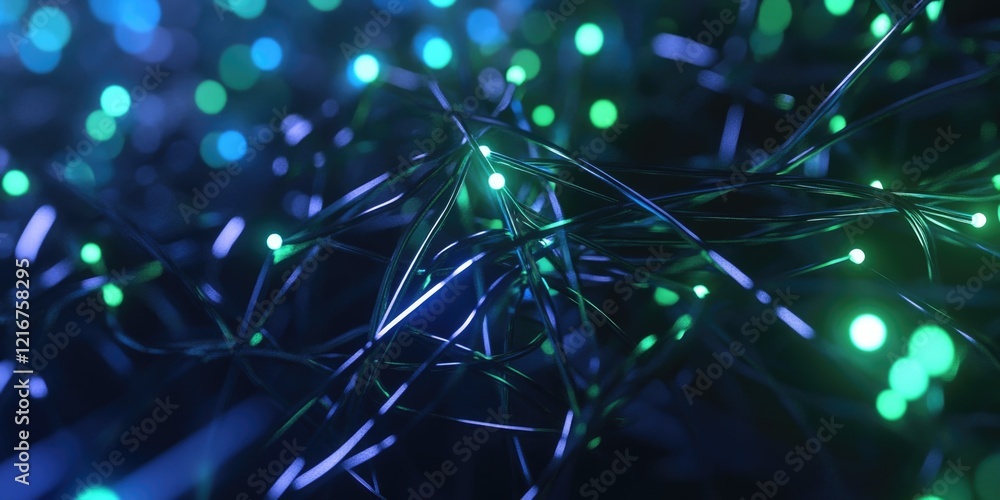 Aufkleber a close up of a green and blue wire with many small lights on it. the wire is twisted and the lights