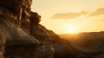 Golden Hour Desert Canyon: A breathtaking sunset over rugged rocks and canyons