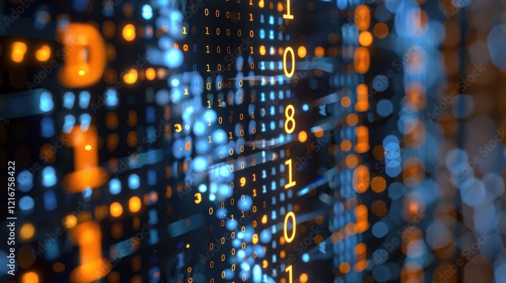 Aufkleber abstract digital background featuring glowing binary code with vibrant blue and orange colors