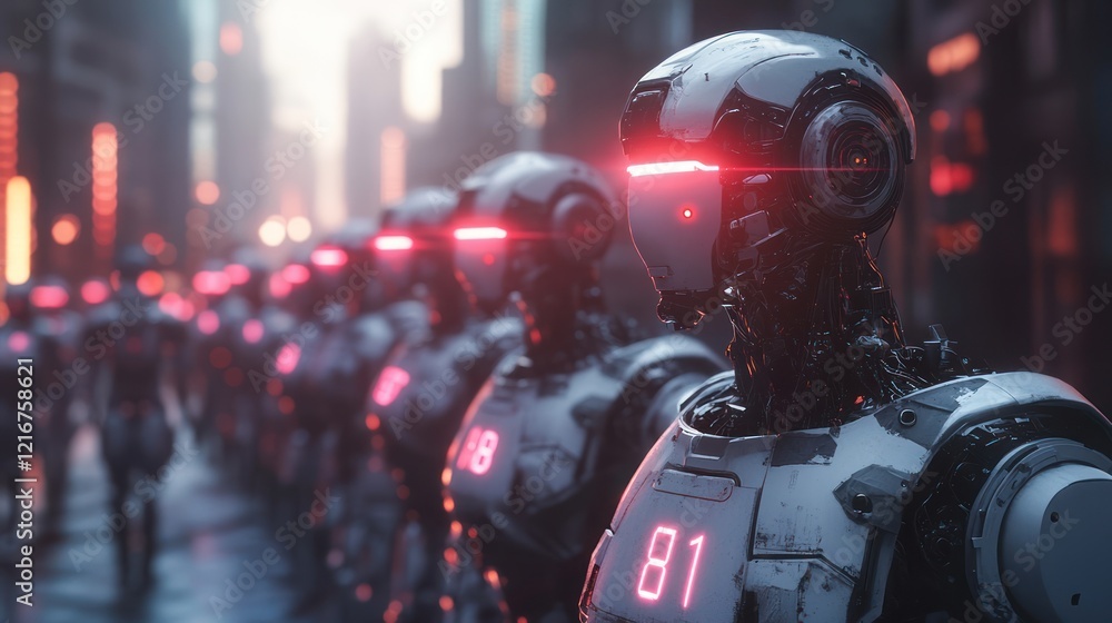 Poster a robot with a helmet and a white body stands in a room with other robots