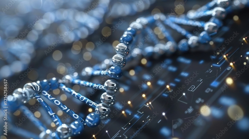 Poster close-up view of a dna double helix model with digital elements and glowing lights in the background