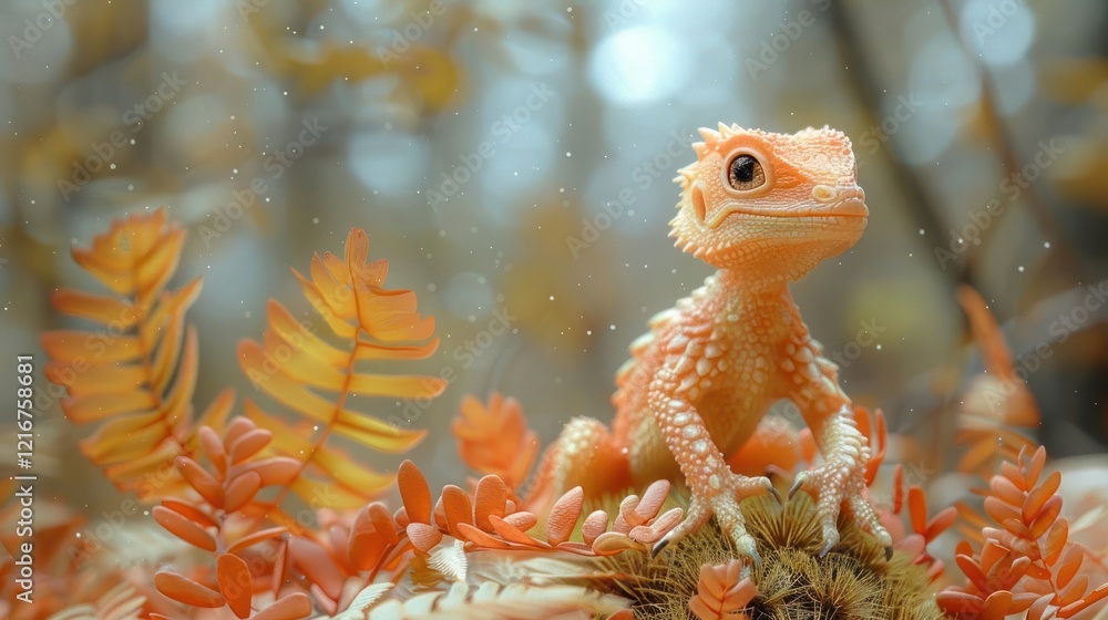 Poster a vibrant orange lizard perched on foliage in a serene forest setting with soft bokeh