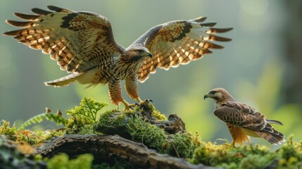 Obraz premium Majestic hawks displaying their wingspan in a lush forest setting, surrounded by vibrant greenery