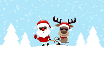 Weihnachtsmann Zieht Schlitten Mit Rentier Sonnenbrille Schnee Wald Blau Dunkelrot