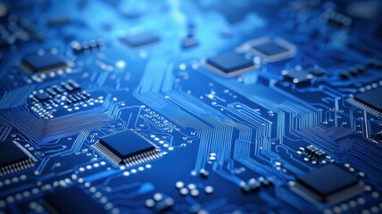 High Resolution Close Up of Complex Circuit Board Technology Blue PCB Microchips and Electronic