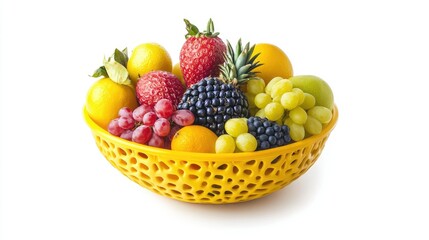 A vibrant shopping basket brimming with various fresh fruits, isolated on a crisp white background