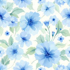 Watercolor Painting of Blue Flowers and Snowflakes
