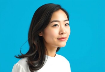Fototapeta premium Portrait of an Asian woman on a bright blue background